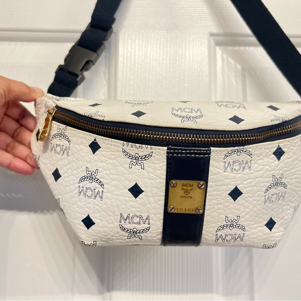 MCM Ivory and Midnight Blue Crossbody Bag